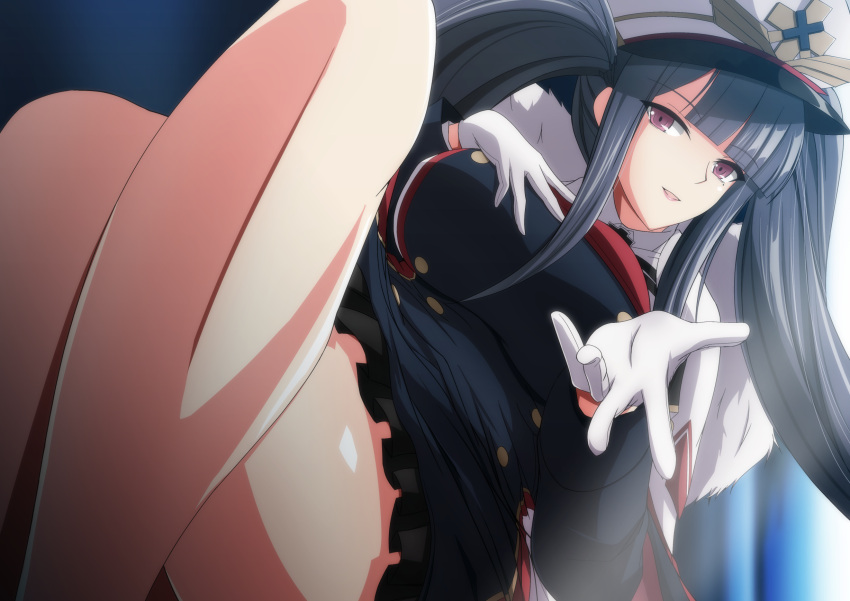 1girl azur_lane bare_legs black_hair breasts crossed_legs eyebrows_visible_through_hair gloves hand_on_breast hat highres large_breasts long_bangs long_hair looking_at_viewer makiri_akira military military_hat military_uniform peaked_cap peter_strasser_(azur_lane) pleated_skirt red_eyes skirt solo thighs twintails uniform white_gloves