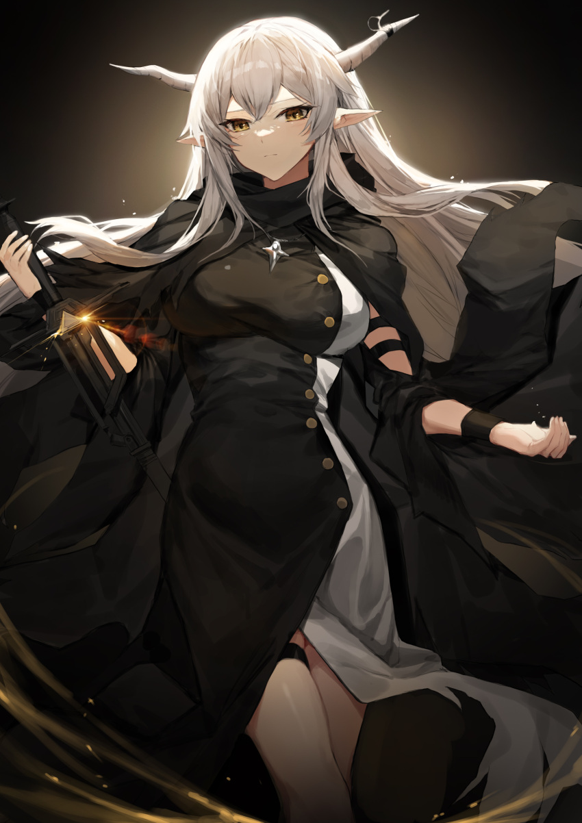 1girl absurdres arknights black_dress black_wristband breasts buttons dark_background demon_horns dress feet_out_of_frame glowing grey_hair highres holding holding_sword holding_weapon horns jewelry large_breasts long_hair looking_at_viewer molyb necklace pointy_ears shining_(arknights) solo sword thigh_strap weapon yellow_eyes