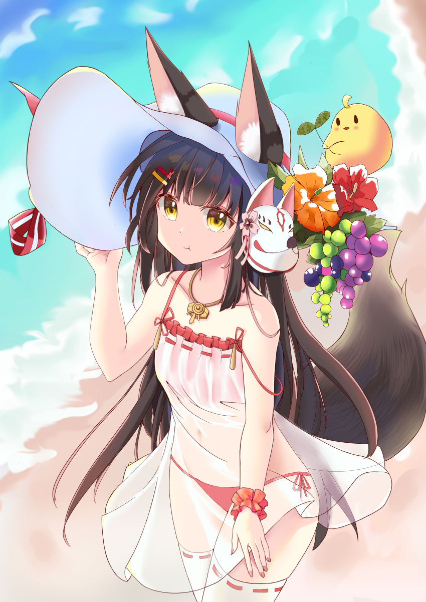 1girl :t absurdres adjusting_clothes adjusting_headwear animal_ears azur_lane bangs bare_shoulders beach bird black_hair blunt_bangs blurry chick collarbone commentary_request covered_navel date_shichuan_majiang depth_of_field eyebrows_visible_through_hair flower food fox_ears fox_girl fox_mask fox_tail from_above fruit grapes hair_ornament hairclip hat hat_flower hat_ornament highres jewelry long_hair looking_at_viewer looking_up manjuu_(azur_lane) mask mask_on_head nagato_(great_fox's_sleepwear)_(azur_lane) nagato_(kancolle) necklace ocean panties pout red_panties ribbon-trimmed_legwear ribbon_trim scrunchie see-through side-tie_panties sidelocks spaghetti_strap sun_hat tail underwear white_legwear wrist_scrunchie yellow_eyes