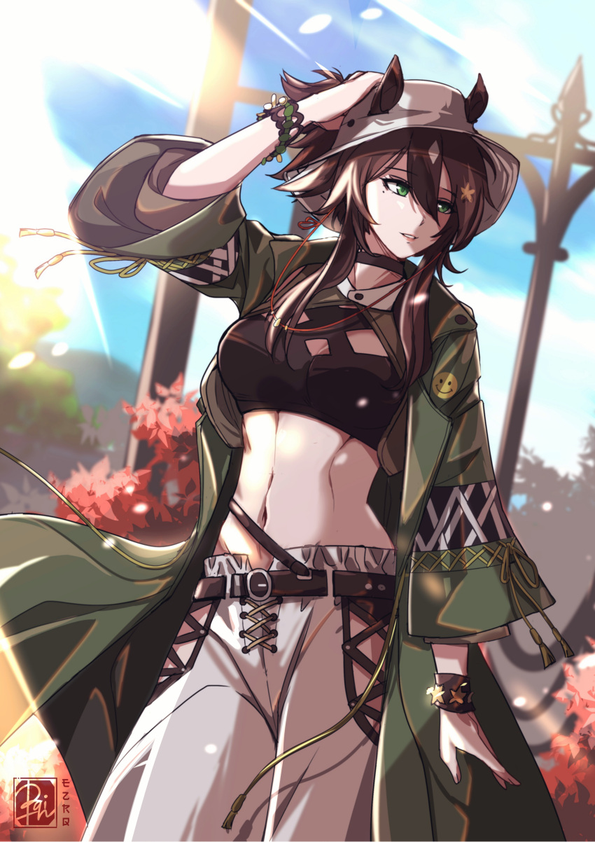 1girl absurdres adjusting_clothes adjusting_headwear animal_ears arknights black_choker black_shirt breasts brown_hair choker coat cowboy_shot crop_top ears_through_headwear english_commentary ezraqi green_coat green_eyes hair_ornament hat highres long_hair long_sleeves looking_away looking_to_the_side medium_breasts meteor_(arknights) meteor_(bard's_holiday)_(arknights) midriff mole mole_under_eye navel official_alternate_costume open_clothes open_coat outdoors pants parted_lips shirt smile solo star_(symbol) star_hair_ornament stomach watermark white_headwear white_pants wristband
