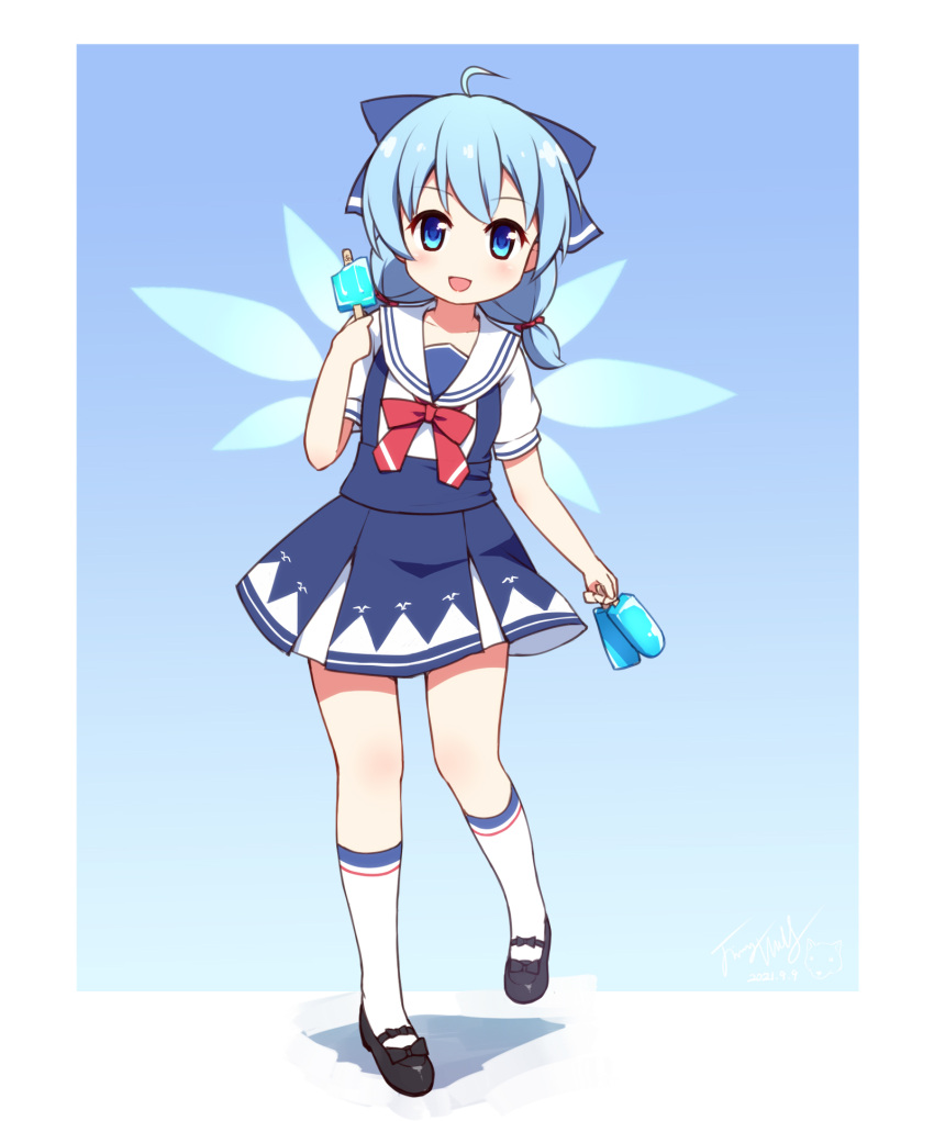 1girl :d ahoge bangs black_footwear blue_bow blue_eyes blue_hair blue_skirt blue_wings bow cirno commentary_request eyebrows_visible_through_hair fairy fairy_wings food full_body hair_bow hand_up highres holding holding_food langbazi looking_at_viewer open_mouth pleated_skirt popsicle puffy_short_sleeves puffy_sleeves sailor_collar shirt shoes short_sleeves skirt smile socks solo standing standing_on_one_leg suspender_skirt suspenders touhou white_legwear white_sailor_collar white_shirt wings