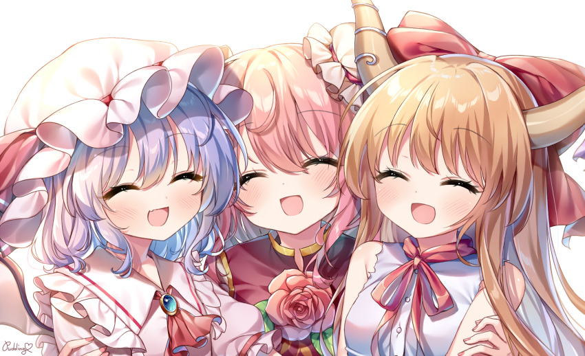 3girls artist_name ascot bangs bare_shoulders bat_wings blonde_hair blush bow bowtie breasts buttons closed_eyes collar collared_dress double_bun dress eyebrows_visible_through_hair flower gem hair_between_eyes hand_on_another's_arm hands_up hat hat_ribbon highres horns ibaraki_kasen ibuki_suika jewelry leaf long_hair medium_breasts mob_cap multiple_girls open_mouth pink_dress pink_flower pink_hair pink_nails pink_sleeves pudding_(skymint_028) puffy_short_sleeves puffy_sleeves purple_hair red_bow red_neckwear red_ribbon red_vest remilia_scarlet ribbon shirt short_hair short_sleeves simple_background sleeveless sleeveless_shirt smile tabard touhou upper_body vest white_background white_headwear white_shirt wings