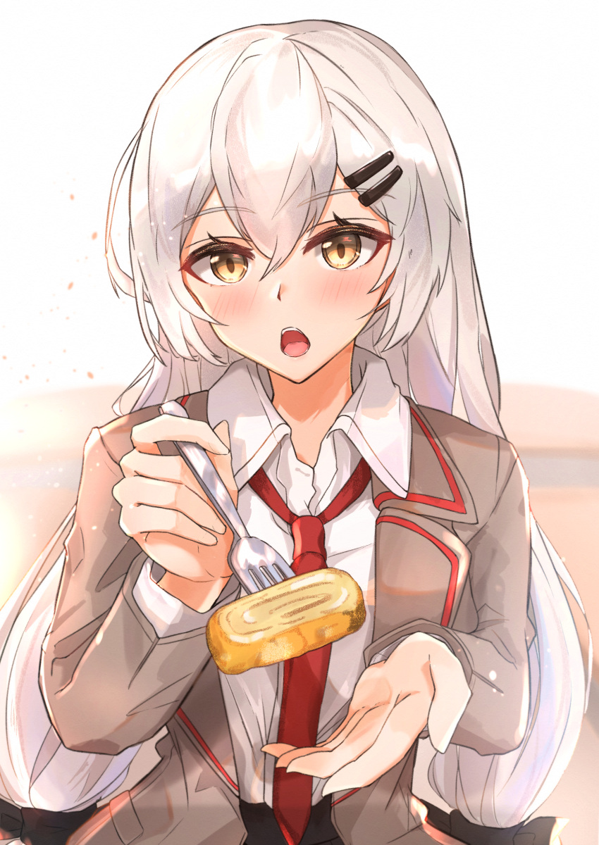 1girl absurdres blush brown_jacket eyebrows_visible_through_hair food girls_frontline hair_ornament hairclip highres holding holding_food jacket light_brown_eyes long_hair looking_at_viewer muteppona_hito necktie open_clothes open_jacket open_mouth red_neckwear shirt silver_hair simple_background solo svd_(girls'_frontline) very_long_hair white_shirt