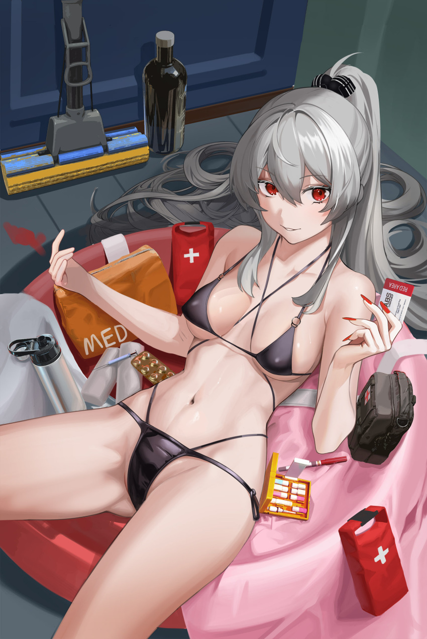 1girl absurdres bare_shoulders bikini black_bikini black_swimsuit bottle breasts closed_mouth collarbone commentary_request eyebrows_visible_through_hair fingernails floor grey_hair hair_ornament hairclip highres long_hair looking_at_viewer lying medicine_box medium_breasts nail_polish navel on_back original ponytail red_eyes red_nails regenerate-x smile solo swimsuit thighs