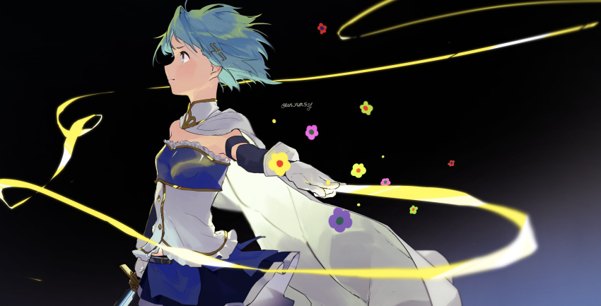 1girl artist_name blue_eyes blue_hair cape closed_mouth commentary_request flower fortissimo fortissimo_hair_ornament from_side gloves hair_ornament highres holding holding_ribbon holding_sword holding_weapon magical_girl mahou_shoujo_madoka_magica miki_sayaka ribbon short_hair solo sword translation_request un_nm5sy upper_body weapon white_cape white_gloves yellow_ribbon