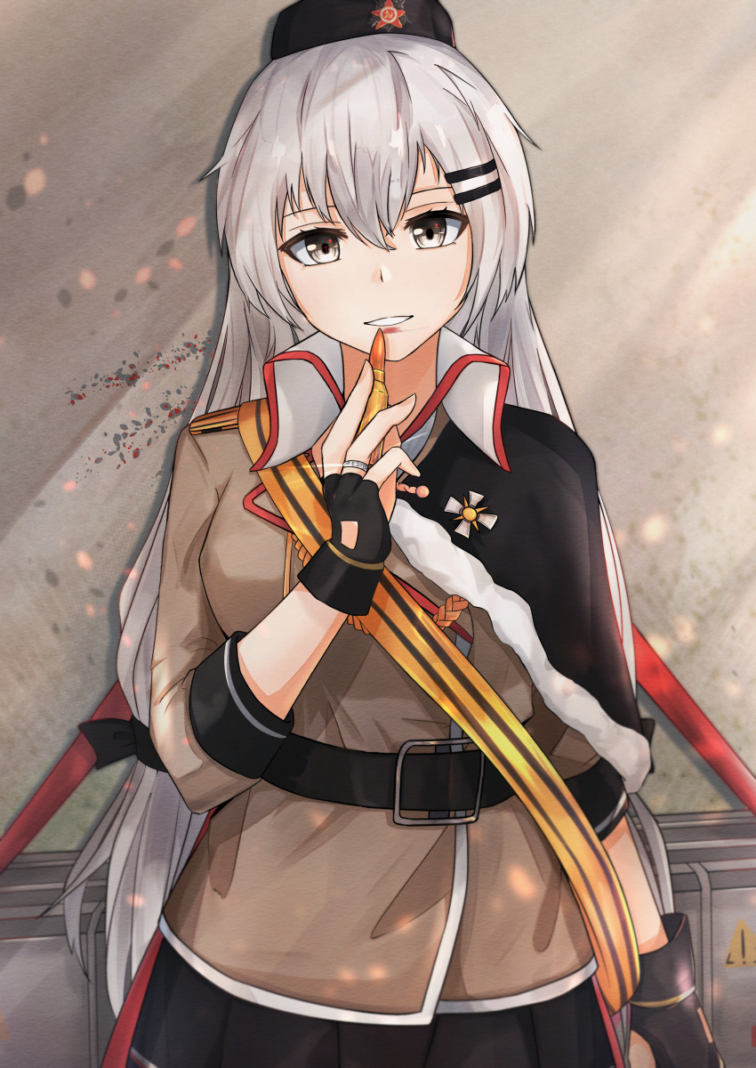 1girl absurdres belt black_belt black_cloak black_gloves black_headwear black_skirt breasts brown_jacket bullet cloak eyebrows_visible_through_hair finger_to_mouth fingerless_gloves girls_frontline gloves grey_eyes grey_hair hair_ornament hairclip hat highres holding_bullet jacket jewelry long_hair looking_at_viewer low_twintails medium_breasts military_hat muteppona_hito red_star ring simple_background skirt solo standing svd_(girls'_frontline) twintails wall weapon_case wedding_band