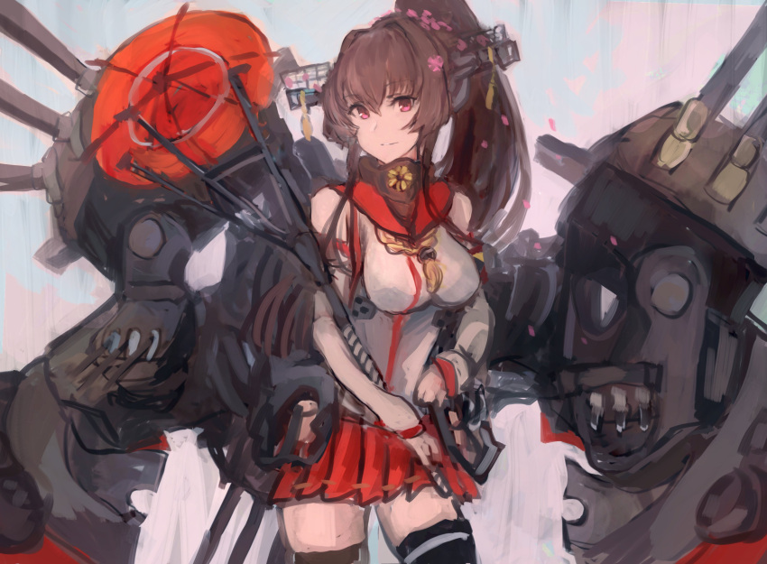 1girl absurdres breasts brown_hair cherry_blossoms chrysanthemum flower hair_between_eyes hair_flower hair_ornament highres kantai_collection large_breasts long_hair looking_at_viewer moor painterly parasol red_eyes red_skirt rigging side_ponytail skirt solo thigh-highs thighs turret umbrella white_background yamato_(kancolle) zettai_ryouiki