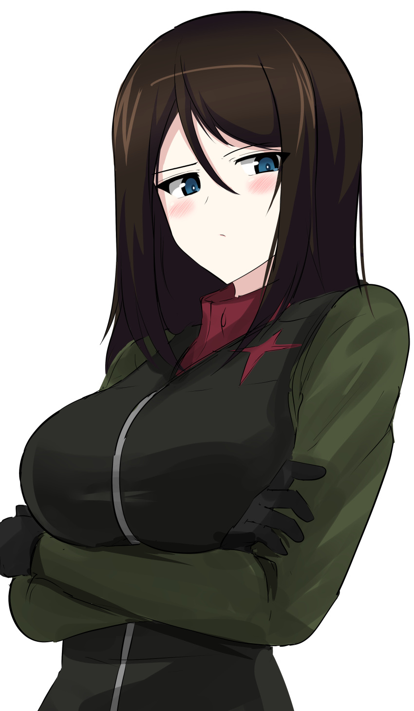 1girl absurdres aikir_(jml5160) bangs black_gloves black_hair black_vest blue_eyes blush commentary crossed_arms frown girls_und_panzer glaring gloves green_jacket grimace half-closed_eyes highres insignia jacket long_hair long_sleeves looking_at_viewer military military_uniform nonna_(girls_und_panzer) pravda_military_uniform red_shirt shirt simple_background skirt solo swept_bangs turtleneck uniform upper_body vest white_background