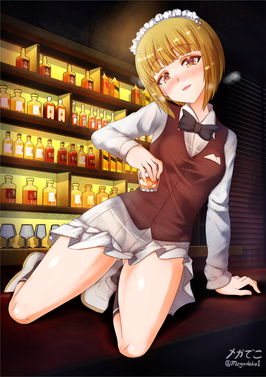 1girl alcohol aquaegg arm_support artist_name bangs bar bartender black_legwear black_neckwear blonde_hair blunt_bangs blush bob_cut bottle bow bowtie breath brown_vest commentary_request cup cutlass_(girls_und_panzer) dress_shirt drinking_glass eyebrows_visible_through_hair girls_und_panzer half-closed_eyes handkerchief head_tilt highres holding holding_cup indoors kneeling leaning_to_the_side loafers long_sleeves looking_at_viewer maid_headdress miniskirt ooarai_naval_school_uniform open_mouth partial_commentary pleated_skirt school_uniform shirt shoes short_hair shot_glass single_horizontal_stripe skirt smile socks solo sweat twitter_username vest white_footwear white_shirt white_skirt wing_collar yellow_eyes