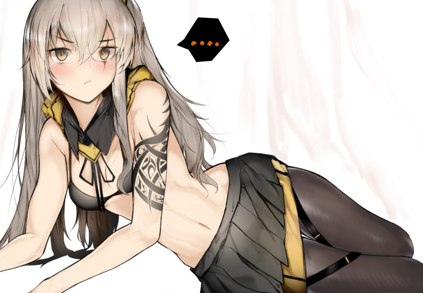 ... 1girl bangs black_legwear blush bra brown_eyes detached_collar ekuesu eyebrows_visible_through_hair girls_frontline grey_hair hair_between_eyes hair_ornament long_hair looking_at_viewer lying midriff miniskirt navel on_side one_side_up pantyhose scar scar_across_eye scar_on_face skirt speech_bubble strap tattoo ump45_(girls'_frontline) underwear