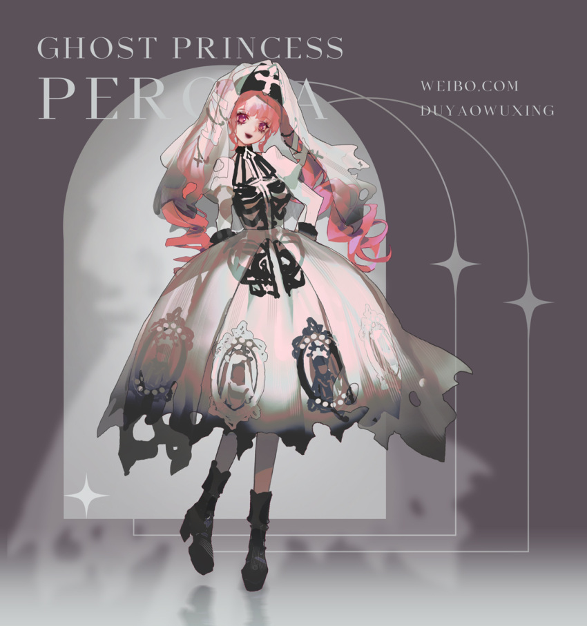 1girl bangs black_footwear boots breasts dress dywx_poison earrings full_body gothic head_tilt high_heels jewelry lipstick long_hair makeup nun one_piece perona pink_eyes pink_hair smile solo standing twintails veil white_dress