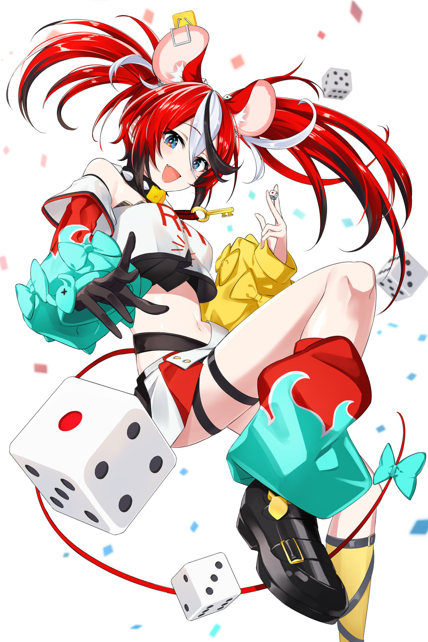 1girl absurdres animal_ears bow cheese collar dice_gt dice_hair_ornament food hair_ornament hakos_baelz highres hololive hololive_english mouse_ears mouse_girl mousetrap solo spiked_collar spikes tail tail_bow tail_ornament virtual_youtuber