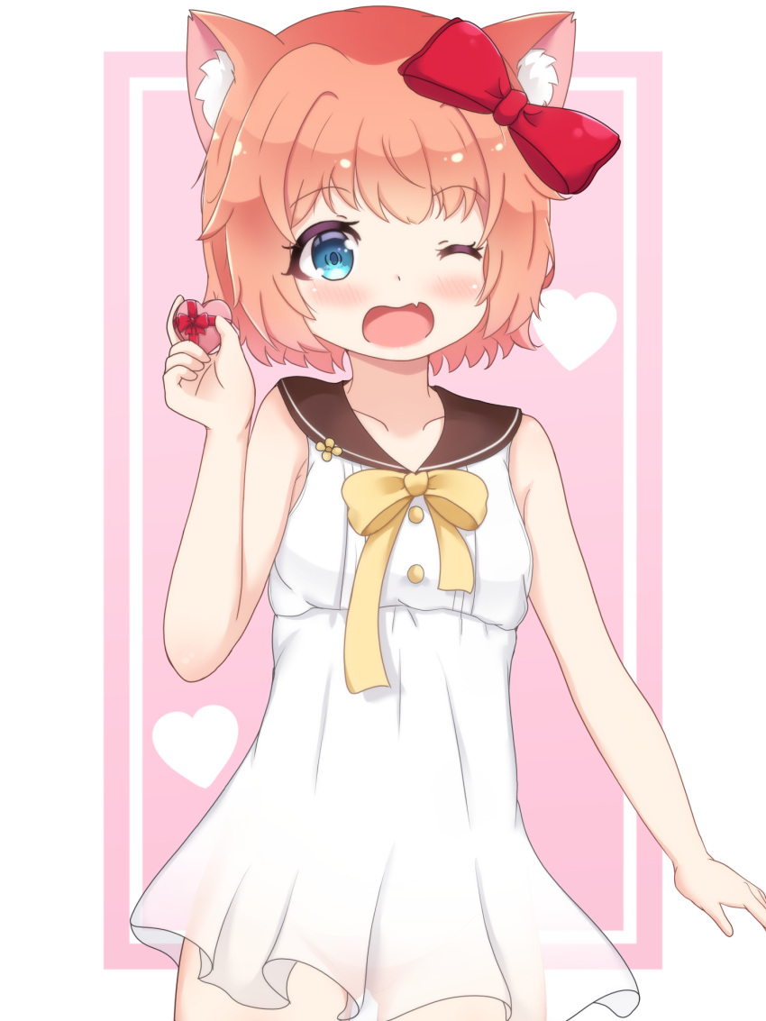 1girl ;d animal_ears bangs blue_eyes bow candy cat_ears chocolate chocolate_heart collarbone commentary_request doki_doki_literature_club dress eyebrows_visible_through_hair fang food groin hair_bow hair_ribbon heart highres holding kemonomimi_mode looking_at_viewer one_eye_closed open_mouth pink_hair ribbon sailor_collar sailor_dress sayori_(doki_doki_literature_club) see-through short_hair sidelocks simple_background smile solo valentine white_dress zendamu
