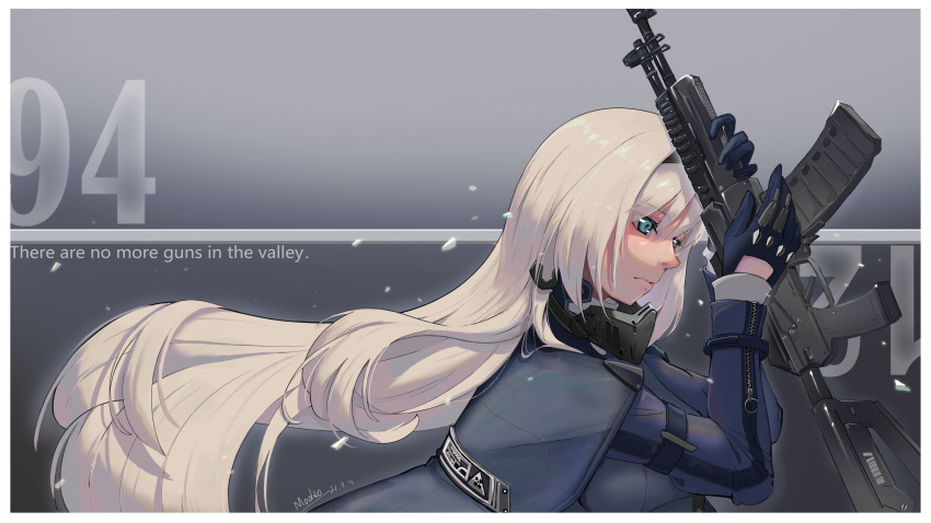 1girl absurdres an-94 an-94_(girls'_frontline) aqua_eyes artist_name assault_rifle blonde_hair blue_cloak blue_gloves blue_jacket cloak closed_mouth dated english_text eyebrows_visible_through_hair girls_frontline gloves grey_background gun hairband highres holding holding_weapon jacket long_hair looking_down mask mask_around_neck mo_geng rifle snowflakes solo weapon