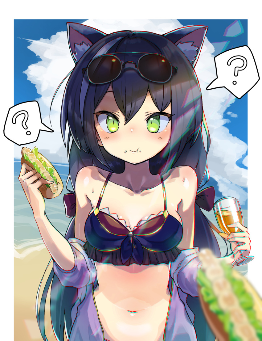 1girl ? animal_ears bangs bare_shoulders beach bikini bikini_top blush bongnom border bow breasts clouds cloudy_sky collarbone commentary day drink eating eyebrows_behind_hair eyewear_on_head food food_on_face green_eyes hair_bow hands_up highres holding holding_drink holding_food jacket karyl_(princess_connect!) long_hair looking_at_viewer medium_breasts multicolored_hair navel pov princess_connect! purple_bikini purple_hair purple_jacket red_bow short_sleeves sidelocks sky solo spoken_question_mark streaked_hair sunglasses swimsuit twintails upper_body white_border