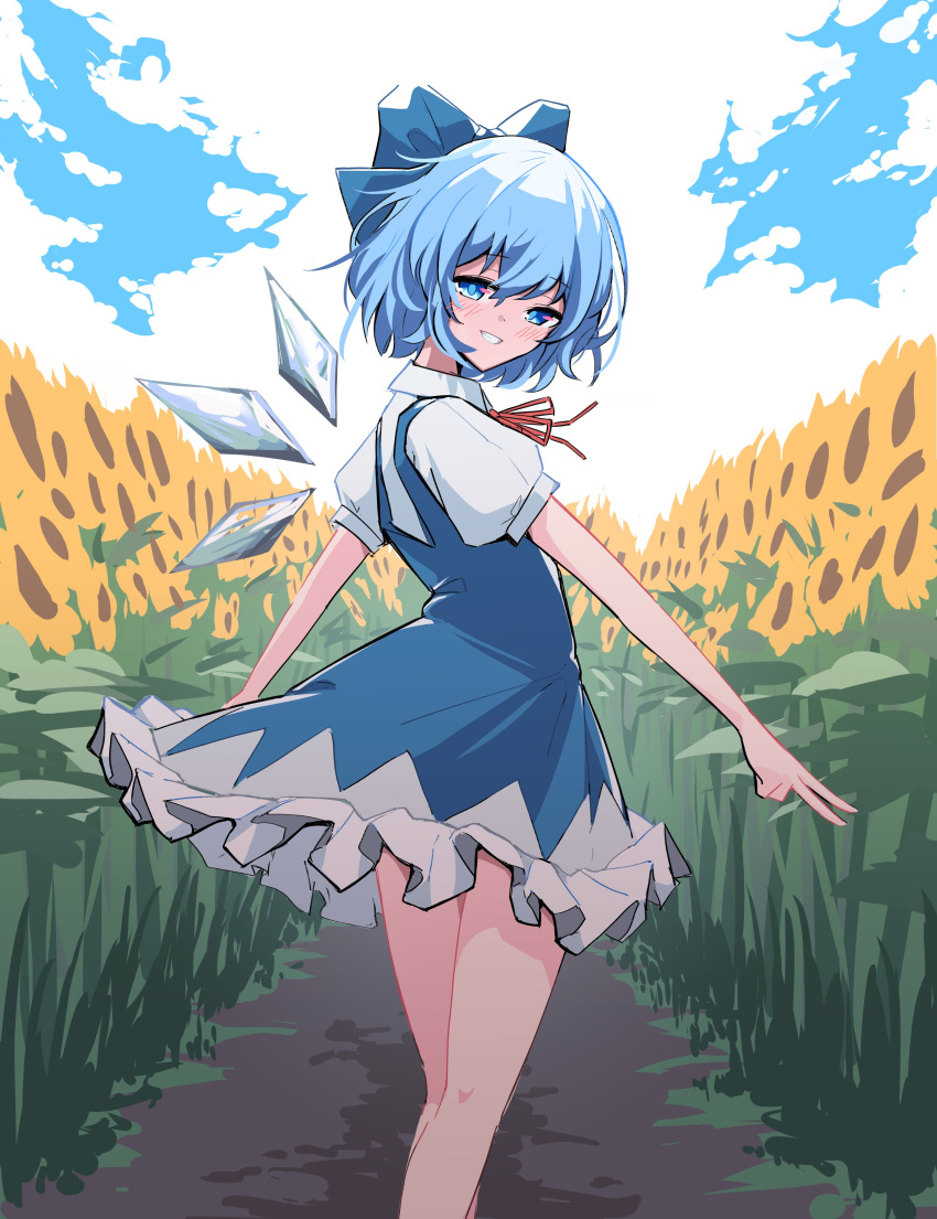 1girl absurdres blue_bow blue_eyes blue_hair blue_sky blush bow cirno clouds dirt_road flower highres ice ice_wings looking_at_viewer lyrinne neck_ribbon red_ribbon ribbon road short_hair sky smile solo sunflower touhou walking wings