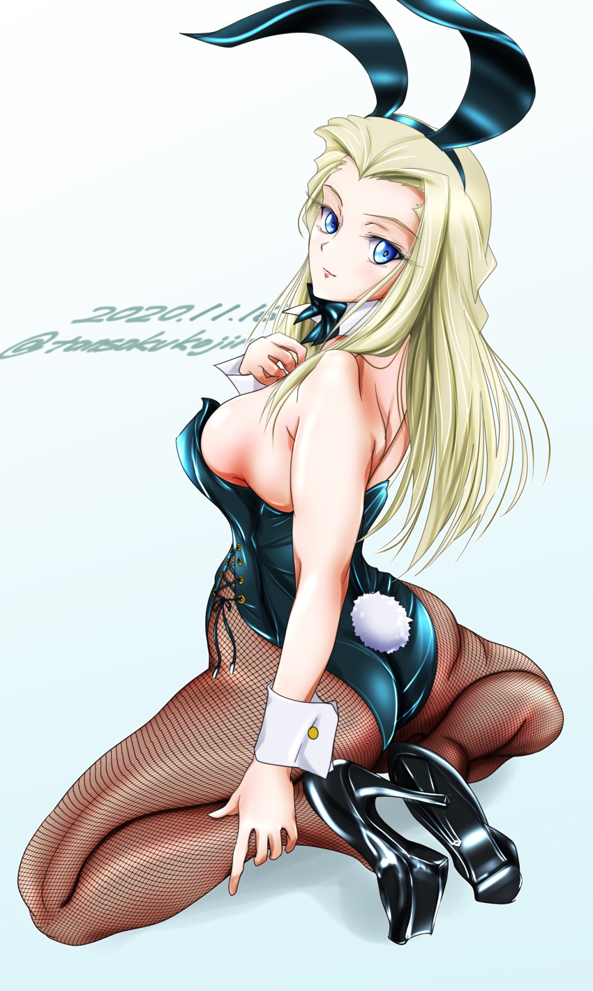 1girl absurdres animal_ears ass back black_footwear black_leotard black_neckwear blonde_hair blue_background blue_eyes bow bowtie breasts brown_legwear clara_(girls_und_panzer) closed_mouth collar commentary dated detached_collar fake_animal_ears fake_tail fishnet_legwear fishnets from_behind full_body girls_und_panzer gradient gradient_background high_heels highres leotard light_smile long_hair looking_at_viewer looking_back medium_breasts pantyhose playboy_bunny rabbit_ears rabbit_tail side-tie_leotard sitting solo spread_legs strapless strapless_leotard tail tomokoji twitter_username wariza white_collar wrist_cuffs