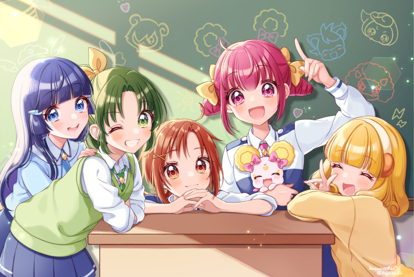 5girls ^_^ ahoge aoki_reika arm_on_table blonde_hair blue_hair blue_shirt blue_skirt blue_sweater blunt_bangs bow buttons candy_(smile_precure!) chalkboard classroom closed_eyes closed_mouth collared_shirt cone_hair_bun cowboy_shot creature curly_hair desk double_bun everyone eyelashes fingernails green_hair green_necktie green_vest grin hair_bow hair_bun hair_ornament hair_over_shoulder hairband hairclip hand_on_another's_shoulder heart highres hino_akane_(smile_precure!) holding holding_creature hoshizora_miyuki indoors interlocked_fingers kise_yayoi kuzumochi leaning_forward light_blush long_hair long_sleeves looking_at_viewer lower_teeth_only medium_hair midorikawa_nao miniskirt multiple_girls nanairogaoka_middle_school_uniform necktie ok_sign one_eye_closed open_mouth own_hands_together pink_bow pink_eyes pink_hair pink_necktie pointing pointing_up ponytail precure redhead school_uniform shirt short_hair skirt smile smile_precure! sunlight sweater teeth two-tone_shirt upper_body vest white_hairband white_shirt x_hair_ornament yellow_bow yellow_sweater