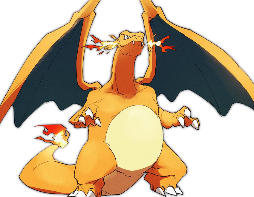 charizard claws commentary_request fangs fangs_out fire looking_down morio_(poke_orio) no_humans pokemon pokemon_(creature) simple_background solo standing white_background