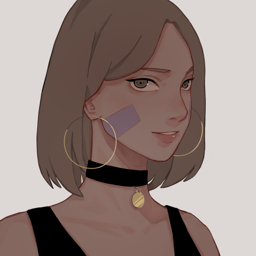 1girl bare_shoulders black_choker brown_hair choker collarbone datomato earrings facial_mark highres hoop_earrings jewelry lips looking_at_viewer naruto_(series) naruto_shippuuden nohara_rin parted_lips pink_lips portrait short_hair sleeveless smile solo