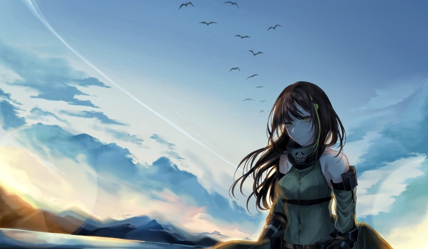 1girl bird blue_sky breasts brown_hair camouflage camouflage_shirt closed_mouth covered_navel eyebrows_visible_through_hair girls_frontline light_brown_eyes long_hair looking_at_viewer m4a1_(girls'_frontline) mask mask_around_neck medium_breasts mod3_(girls'_frontline) mountainous_horizon multicolored_hair parang scarf shirt sky solo