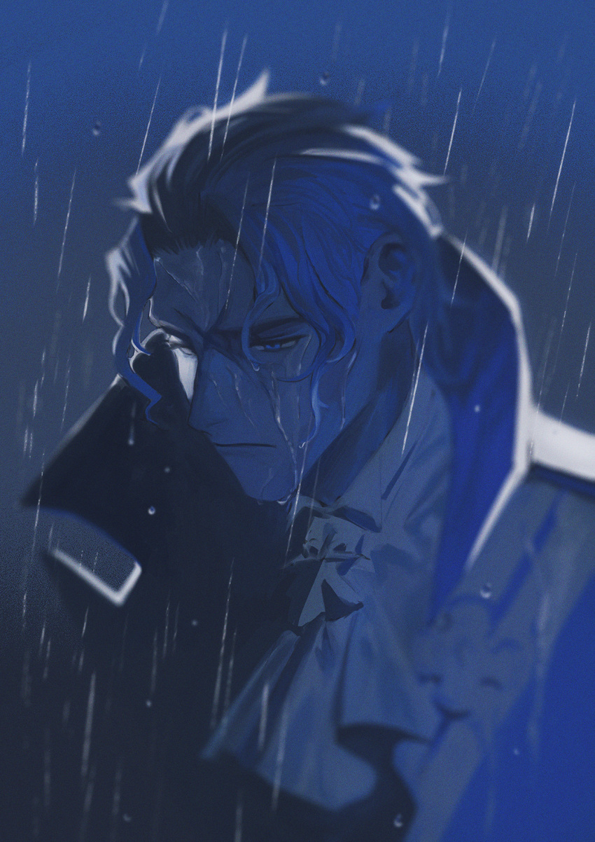 1boy ascot barok_van_zieks blue_background blue_theme cloak closed_mouth cross_scar dai_gyakuten_saiban gyakuten_saiban highres looking_away male_focus rain raycrodu_h scar scar_on_face short_hair solo upper_body wet_face