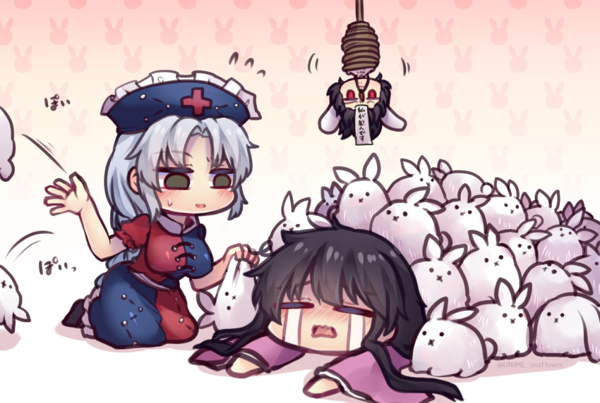 3girls :3 :x =_= animal_ears asymmetrical_clothes black_hair bound bound_torso braid braided_ponytail breasts bunny_background chibi crying floppy_ears grey_eyes hanging hat houraisan_kaguya inaba_tewi large_breasts long_sleeves multiple_girls nurse_cap on_person one-hour_drawing_challenge open_mouth pink_background pink_shirt puffy_short_sleeves puffy_sleeves rabbit rabbit_ears red_eyes shirt short_hair short_sleeves silver_hair streaming_tears sweatdrop tears touhou unime_seaflower wide_sleeves yagokoro_eirin