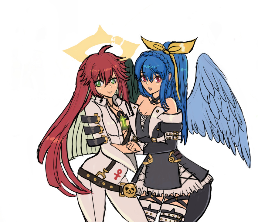 2girls ankh ankh_necklace belt blue_hair bodysuit broken_halo dizzy_(guilty_gear) green_eyes guilty_gear guilty_gear_strive halo highres jack-o'_valentine looking_at_viewer moontears mother_and_daughter multiple_girls ponytail red_eyes redhead skirt tail white_bodysuit wings