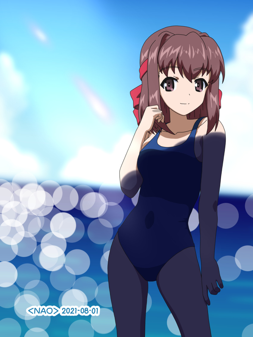 1girl artist_name bangs blue_sky blue_swimsuit blurry blurry_background brown_eyes brown_hair clouds cloudy_sky commentary cowboy_shot dated day eyebrows_visible_through_hair girls_und_panzer hand_in_hair headband highres horizon kondou_taeko lens_flare looking_at_viewer medium_hair naotosi ocean one-piece_swimsuit open_mouth outdoors red_headband school_swimsuit shade sky smile solo standing swimsuit