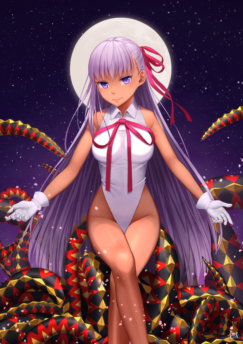 1girl absurdres bb_(fate) bb_(swimsuit_mooncancer)_(fate) commentary_request fate/grand_order fate_(series) feet_out_of_frame full_moon gloves hair_ribbon highleg highleg_leotard highres kep_(ahokep) leotard looking_at_viewer moon night night_sky purple_hair red_ribbon revision ribbon sitting sky smile solo tan violet_eyes white_gloves white_leotard