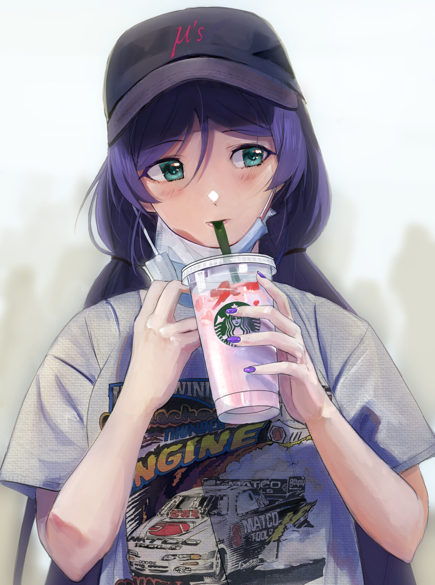 1girl absurdres alternate_costume baseball_cap blush cup disposable_cup drinking_straw green_eyes grey_background grey_shirt hat highres long_hair looking_to_the_side love_live! mask_pull nail_polish proton06 purple_hair purple_nails shirt starbucks toujou_nozomi upper_body