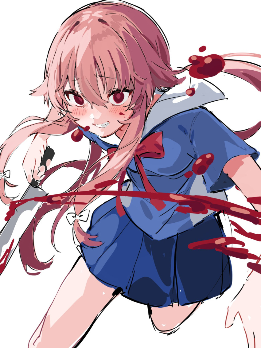 1girl bangs blood blood_on_knife blue_shirt blue_skirt blush breasts eyebrows_visible_through_hair gasai_yuno grin hair_between_eyes hair_flaps highres holding holding_knife inu_(puputizy) knife mirai_nikki pink_hair red_eyes red_neckwear shirt short_hair_with_long_locks short_sleeves sidelocks simple_background sketch skirt small_breasts smile solo white_background