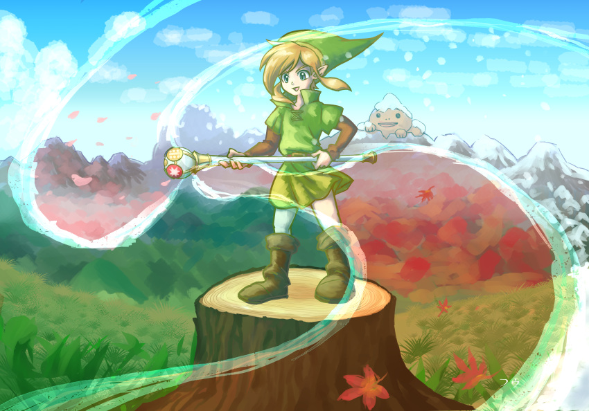 1boy absurdres autumn autumn_leaves blonde_hair boots clouds day fuu_(feubleu9) goron grass green_headwear highres holding holding_staff link long_sleeves male_focus mountain outdoors petals pointy_ears rod_of_seasons sidelocks snow solo spring_(season) staff standing summer the_legend_of_zelda the_legend_of_zelda:_oracle_of_seasons tree_stump tunic wind winter