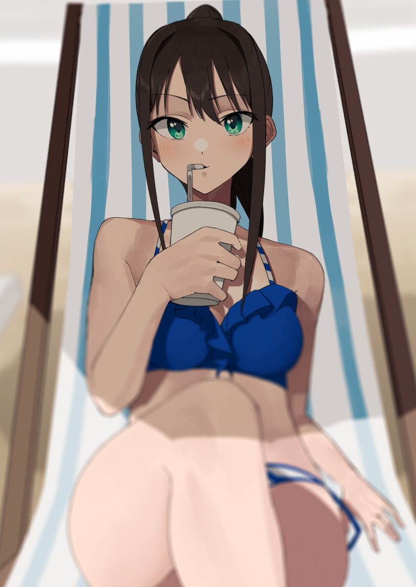 1girl absurdres alternate_hairstyle artist_request beach_chair bendy_straw bikini blue_bikini brown_hair crossed_legs cup disposable_cup drinking drinking_straw green_eyes high_ponytail highres holding holding_cup idolmaster idolmaster_cinderella_girls long_hair looking_at_viewer shibuya_rin sitting solo swimsuit