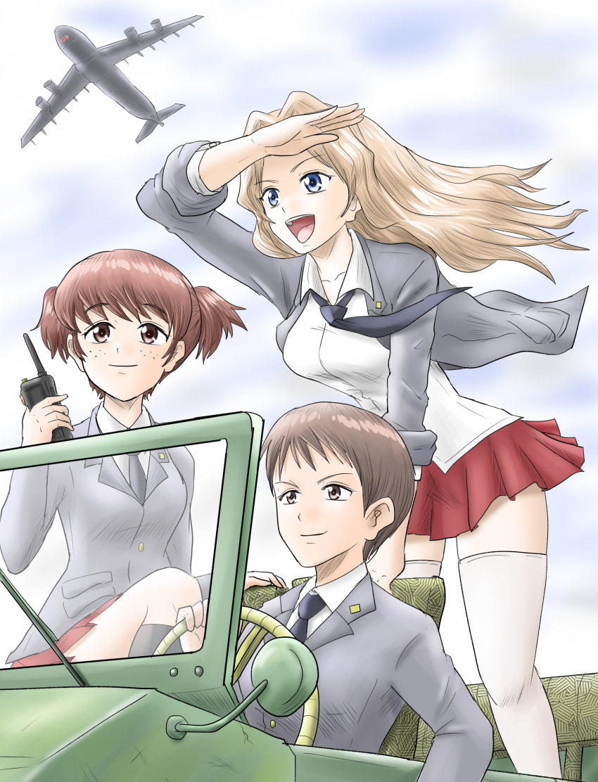 3girls :d aircraft airplane alisa_(girls_und_panzer) arm_support bangs black_legwear black_neckwear blazer blonde_hair blouse blue_eyes blue_sky brown_eyes brown_hair c-5m_super_galaxy closed_mouth clouds cloudy_sky collared_blouse commentary day dress_shirt driving freckles girls_und_panzer grey_jacket ground_vehicle hair_intakes hair_ornament harukai-i highres holding jacket jeep kay_(girls_und_panzer) leaning_forward long_hair long_sleeves military military_vehicle miniskirt motor_vehicle multiple_girls naomi_(girls_und_panzer) necktie open_clothes open_jacket open_mouth outdoors pleated_skirt radio_antenna red_skirt saunders_school_uniform school_uniform shading_eyes shirt short_hair short_twintails sitting skirt sky sleeves_rolled_up smile socks standing star_(symbol) star_hair_ornament thigh-highs twintails very_short_hair white_blouse white_legwear white_shirt wind wing_collar