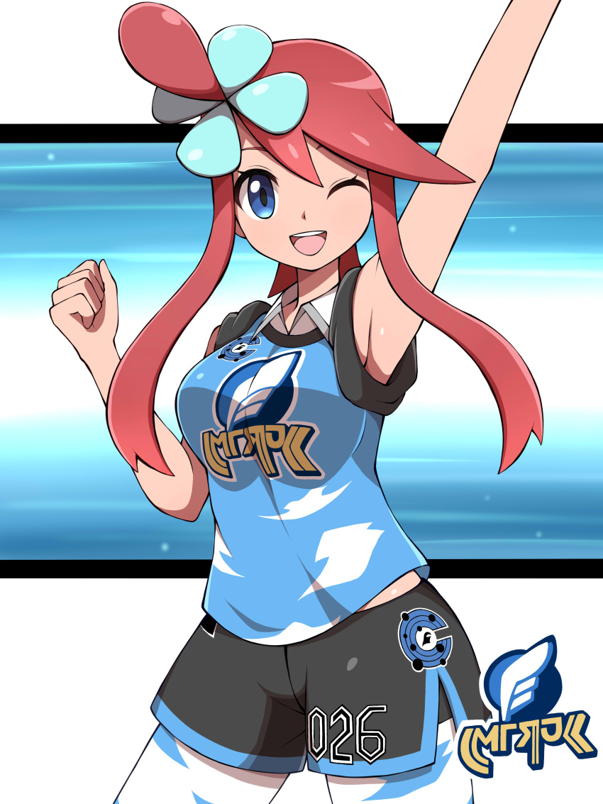 1girl ;d absurdres alternate_costume arm_up armpits bangs bare_arms blue_eyes breasts collared_shirt commentary_request eyelashes hair_ornament hand_up highres large_breasts looking_at_viewer one_eye_closed one_side_up open_mouth pantyhose pokemon pokemon_(game) pokemon_bw redhead shabana_may shirt short_hair_with_long_locks shorts side_slit side_slit_shorts sidelocks skyla_(pokemon) sleeveless smile solo tied_hair tongue upper_teeth white_legwear