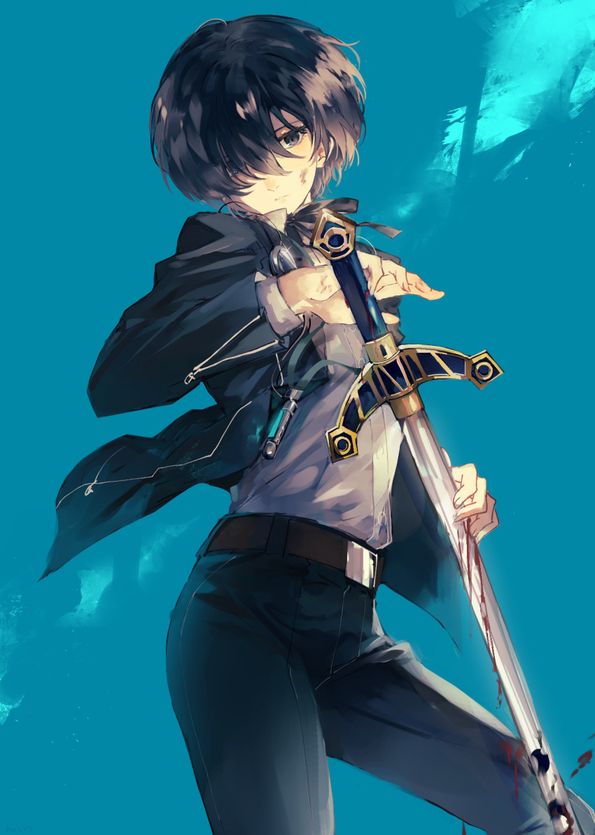 1boy androgynous belt belt_buckle black_eyes black_hair black_jacket black_pants black_ribbon blood blood_on_weapon blue_background brown_belt bruise bruise_on_face buckle closed_mouth dress_shirt gekkoukan_high_school_uniform grey_shirt hair_between_eyes highres holding holding_sword holding_weapon injury jacket long_sleeves looking_at_viewer lor_(roasyerizyonirapi) male_focus neck_ribbon open_clothes open_jacket pants persona persona_3 ribbon school_uniform shiny shiny_hair shirt short_hair solo sword weapon yuuki_makoto