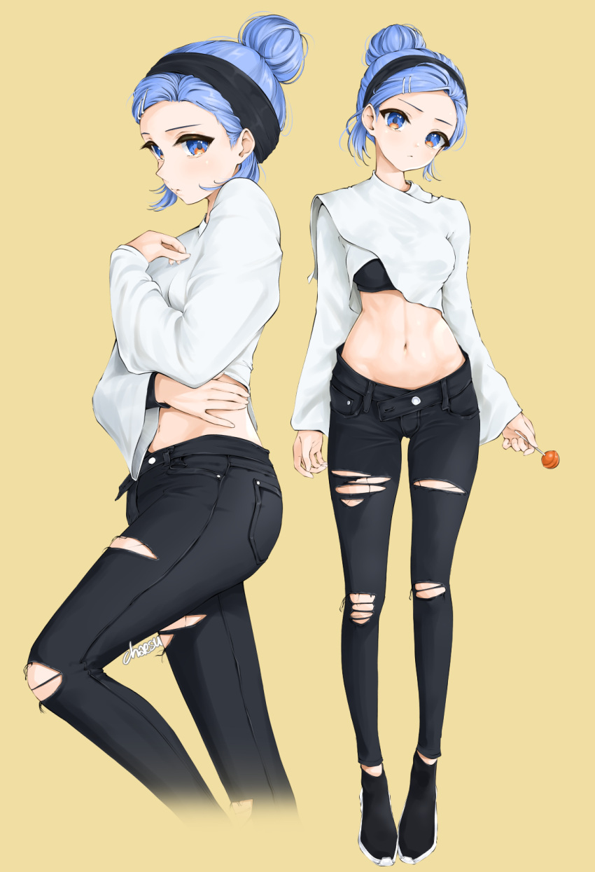 1girl arm_across_waist artist_name black_bra black_footwear black_hairband black_pants blue_eyes bra breasts candy chaesu closed_mouth crop_top cropped_legs food forehead full_body hair_bun hair_ornament hairband hairclip hand_on_own_chest highres holding holding_food lollipop long_sleeves looking_at_viewer medium_breasts minah_(chaesu) multiple_views navel original pants simple_background standing stomach toned torn_clothes torn_pants underwear yellow_background