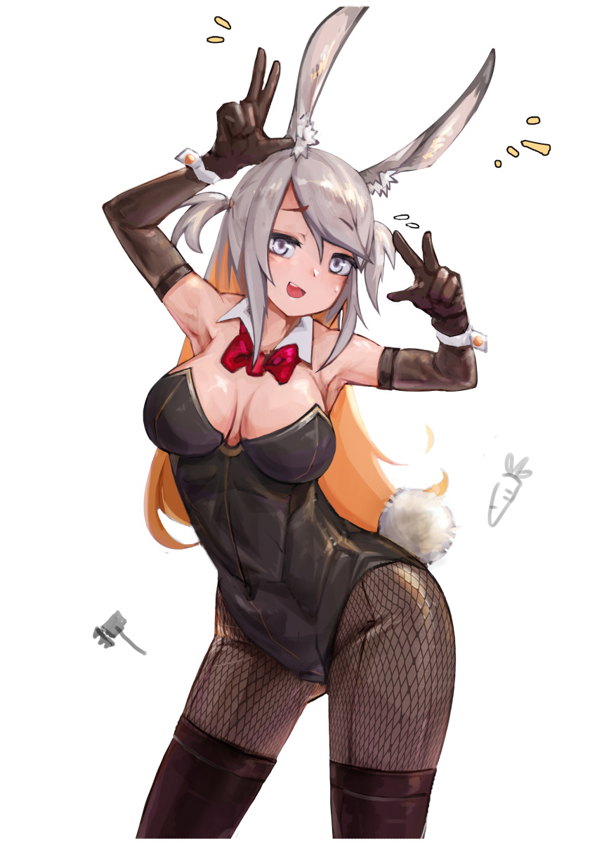 1girl :d absurdres animal_ear_fluff animal_ears arknights black_gloves black_legwear bow bowtie breasts carrot collar colored_inner_hair commentary detached_collar double_w elbow_gloves emphasis_lines eyebrows_visible_through_hair fishnet_legwear fishnets flying_sweatdrops gloves grey_hair highres jumbowhopper large_breasts looking_at_viewer multicolored_hair open_mouth orange_hair pantyhose playboy_bunny rabbit_ears rabbit_girl rabbit_tail red_neckwear savage_(arknights) short_twintails simple_background smile solo straight-on tail thigh-highs thighhighs_over_pantyhose twintails violet_eyes w white_background white_collar white_wristband