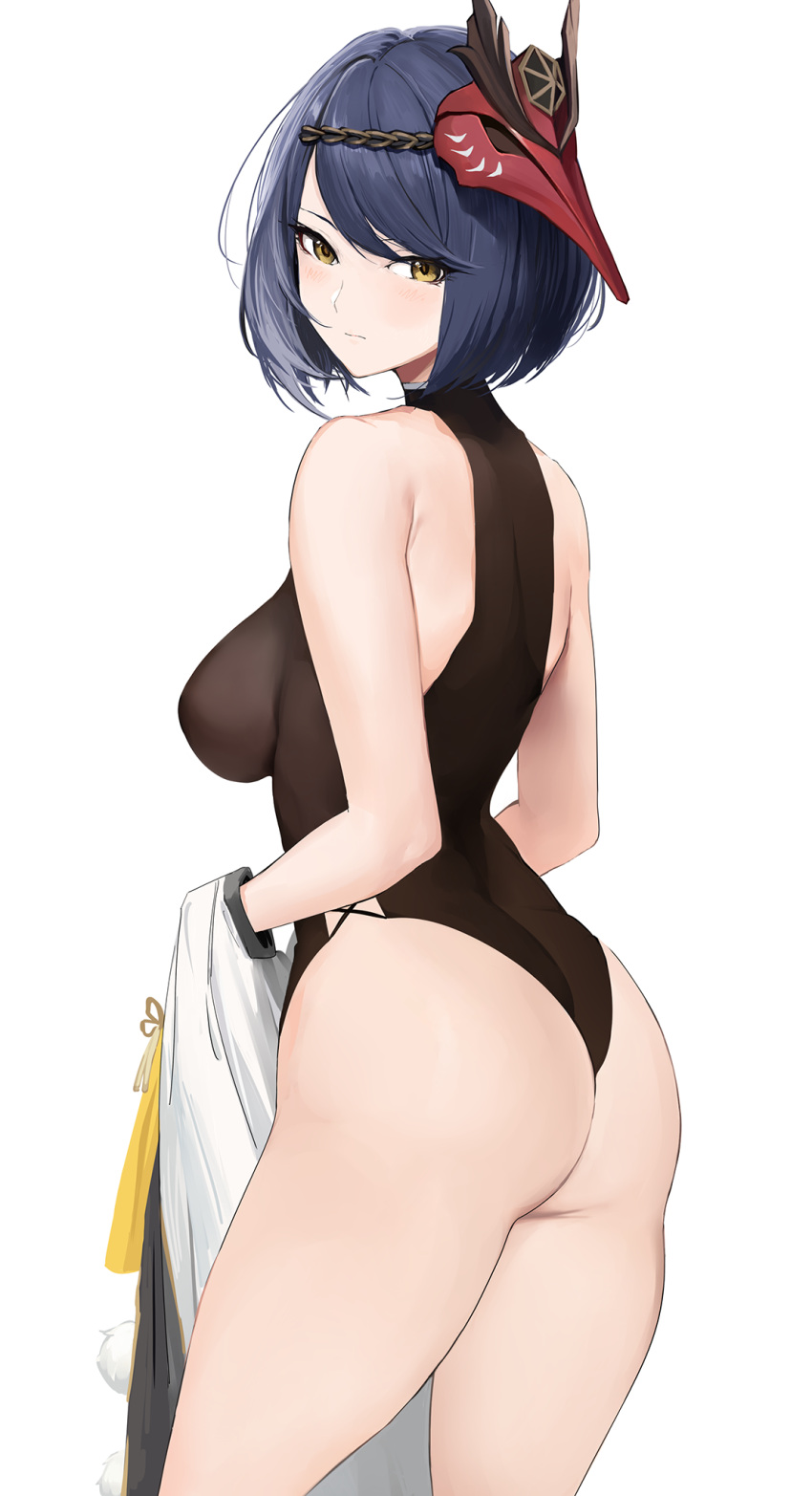 1girl ass bangs bare_shoulders black_hair black_leotard blush breasts closed_mouth cowboy_shot from_side genshin_impact highres holding holding_clothes knatb kujou_sara leotard looking_at_viewer mask mask_on_head medium_breasts partially_undressed short_hair simple_background solo swept_bangs tengu_mask white_background yellow_eyes
