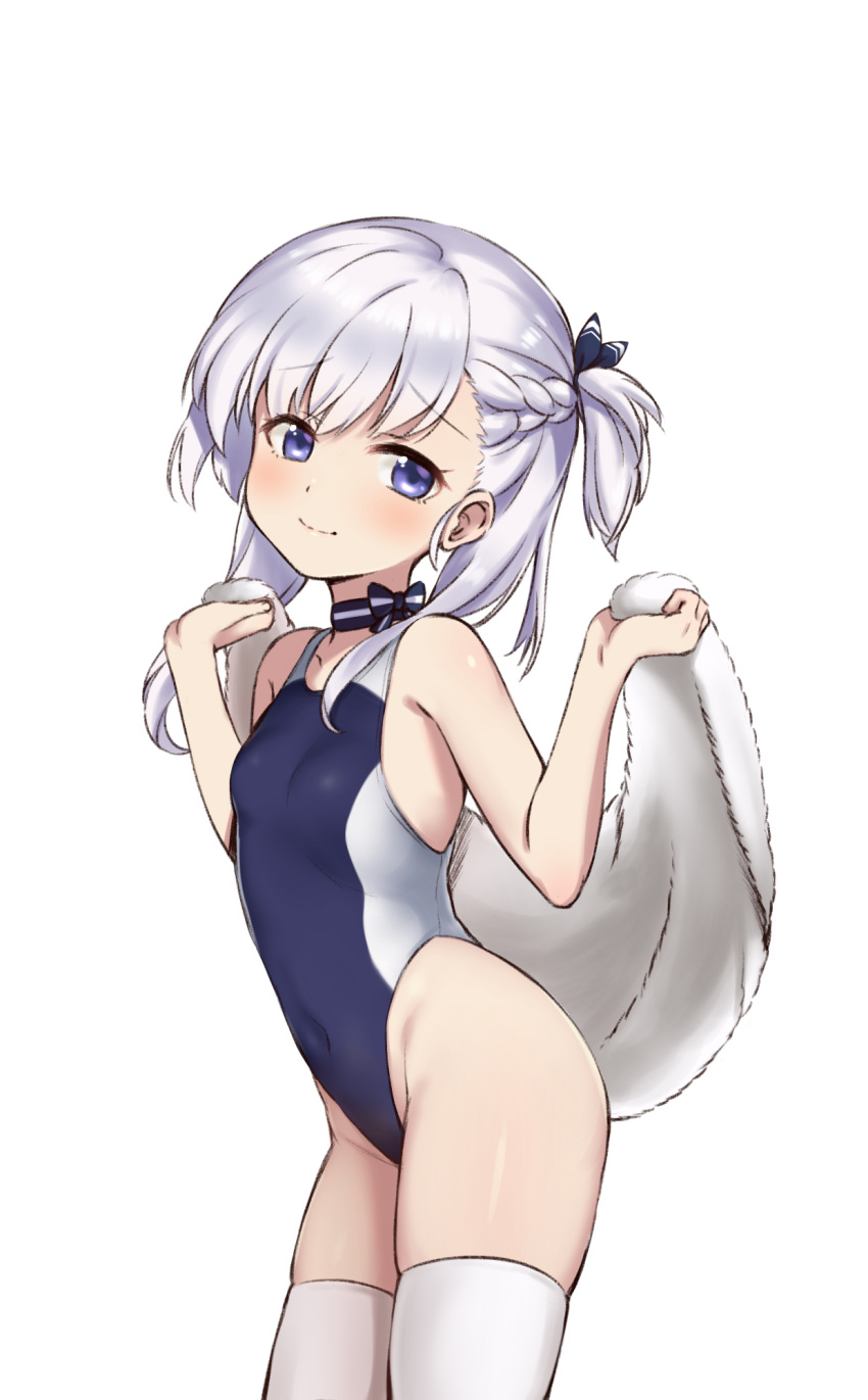 1girl alternate_costume armpits ass azur_lane bangs blue_swimsuit braid breasts choker collarbone commentary english_commentary eyebrows_visible_through_hair eyes_visible_through_hair from_side groin head_tilt highleg highres holding holding_towel leaning_forward little_bel_(azur_lane) long_hair looking_at_viewer one_side_up piano-alice sidelocks silver_hair simple_background single_braid small_breasts smile solo swimsuit thigh-highs towel violet_eyes white_background white_legwear