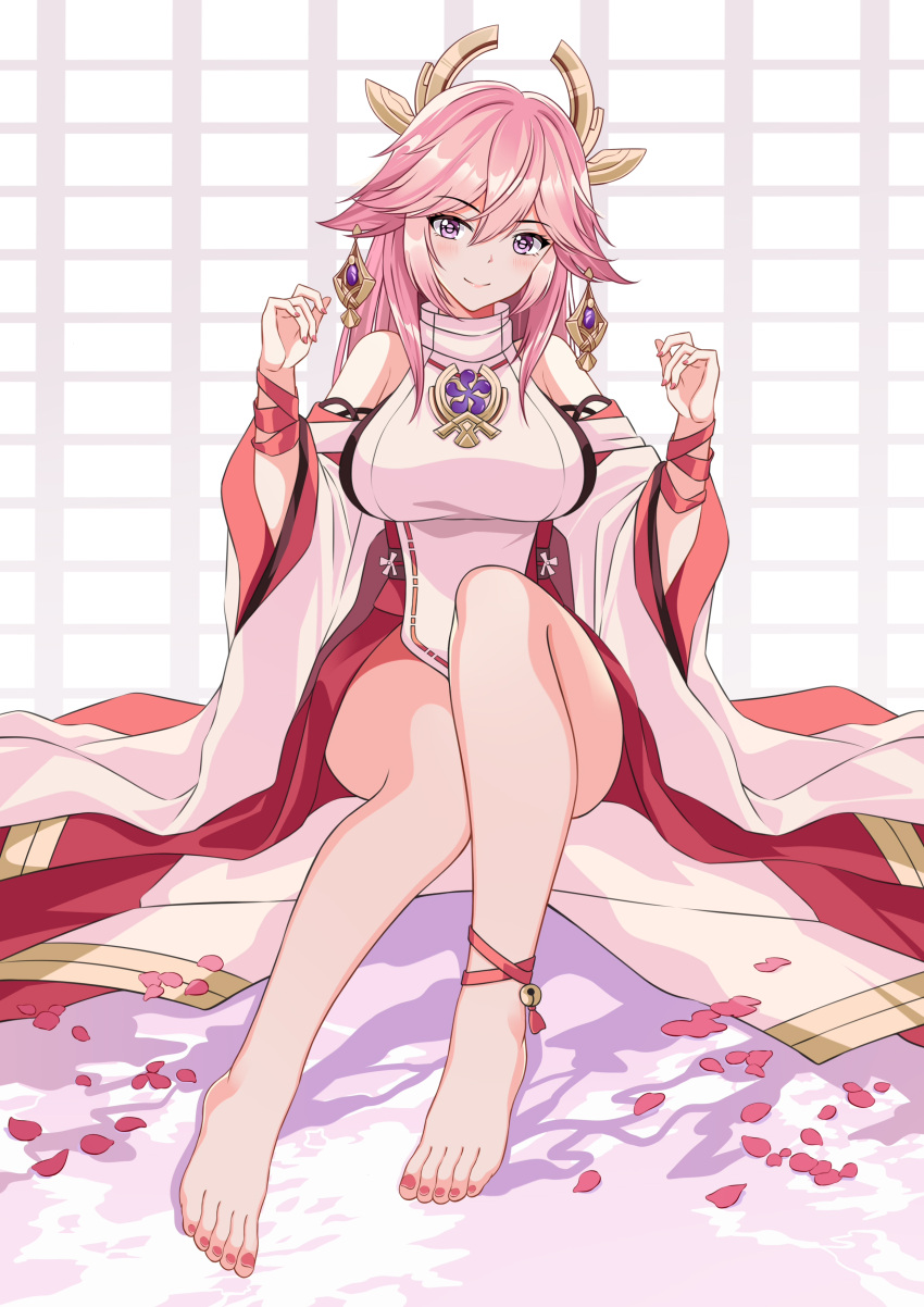 1girl absurdres animal_ears bare_legs bare_shoulders barefoot feet feng_shao_kky_(arj0522) flower fox_ears full_body genshin_impact highres japanese_clothes long_hair looking_at_viewer miko obiage petals pink_hair priestess toes violet_eyes wide_sleeves yae_(genshin_impact)