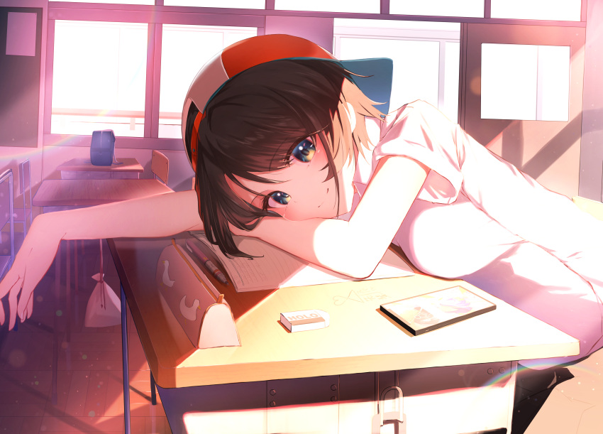 1girl absurdres bangs baseball_cap black_skirt brown_hair cellphone chair classroom closed_mouth commentary_request desk eraser eyebrows_visible_through_hair green_eyes hat highres hololive looking_at_viewer mikaku notebook oozora_subaru pencil pencil_case phone red_headwear resting school_chair school_desk school_uniform shirt short_sleeves skirt smartphone smile solo sunlight uniform virtual_youtuber white_shirt wooden_floor