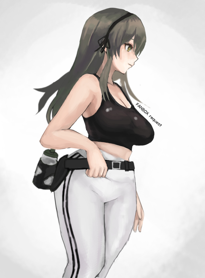 +_+ 1girl breasts closed_mouth eyebrows_visible_through_hair fanbox girls_frontline green_hair hairband highres large_breasts long_hair looking_away min-tami pants solo sports_bra sportswear standing sweat ump40_(girls'_frontline) white_background white_pants