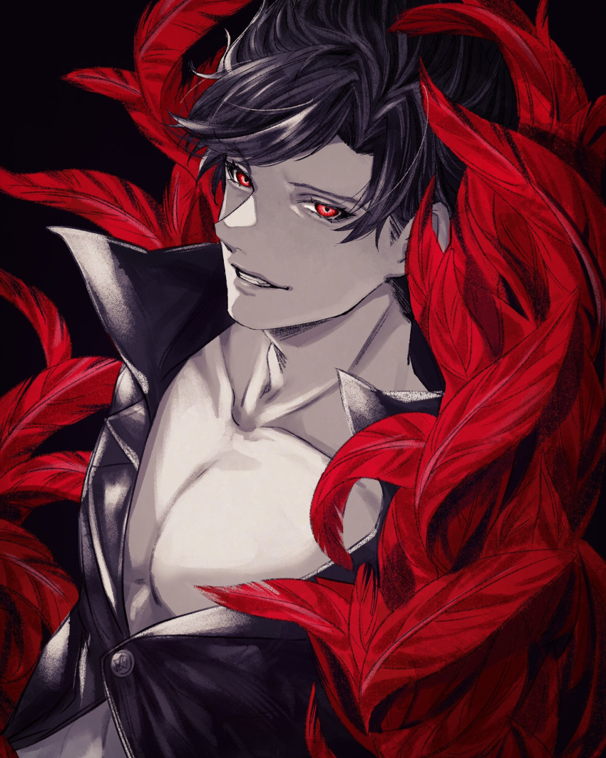 1boy abs bangs belial_(granblue_fantasy) black_hair black_shirt feather_boa granblue_fantasy grey_background grin highres long_sleeves looking_at_viewer male_focus omotim000 open_clothes pectorals red_eyes revealing_clothes shirt short_hair smile solo toned toned_male upper_body