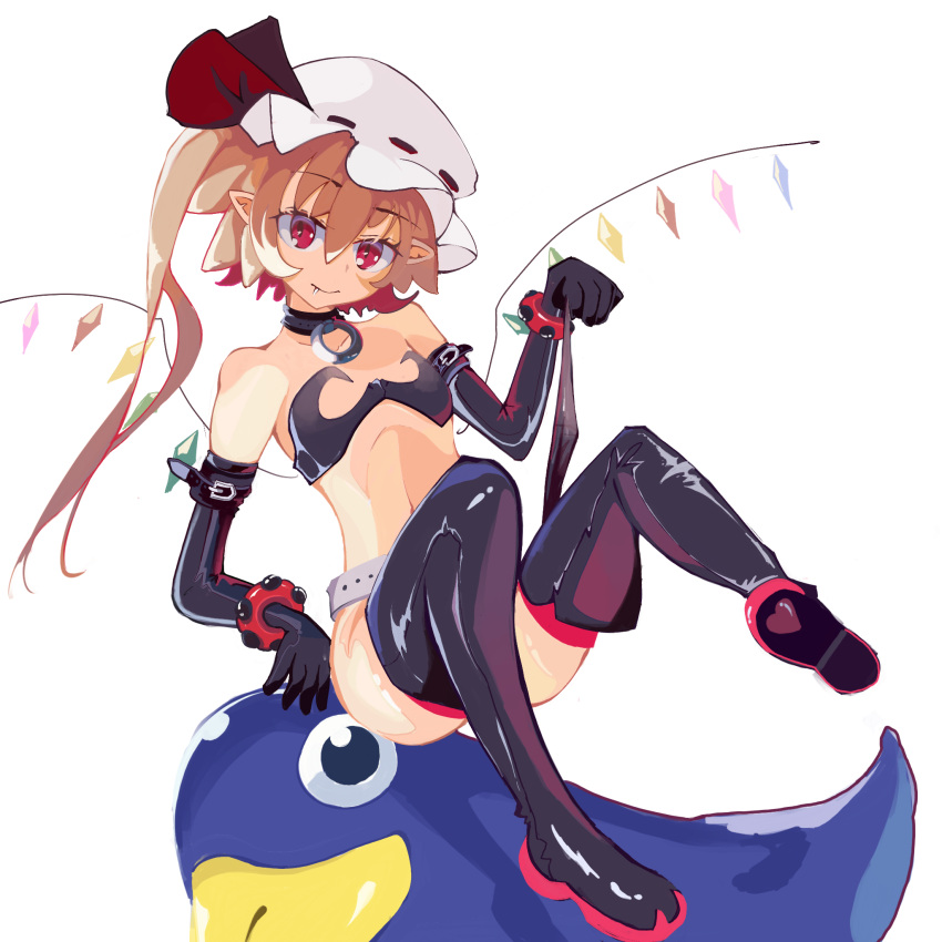 1girl bare_shoulders black_legwear blonde_hair boots bottomless choker cosplay disgaea elbow_gloves etna etna_(cosplay) flandre_scarlet flat_chest full_body gloves hat highres looking_at_viewer makai_senki_disgaea midriff mob_cap navel one_side_up pointy_ears prinny red_eyes simple_background sitting solo standing sum_re1 thigh-highs thigh_boots thighhighs_under_boots touhou white_background wings