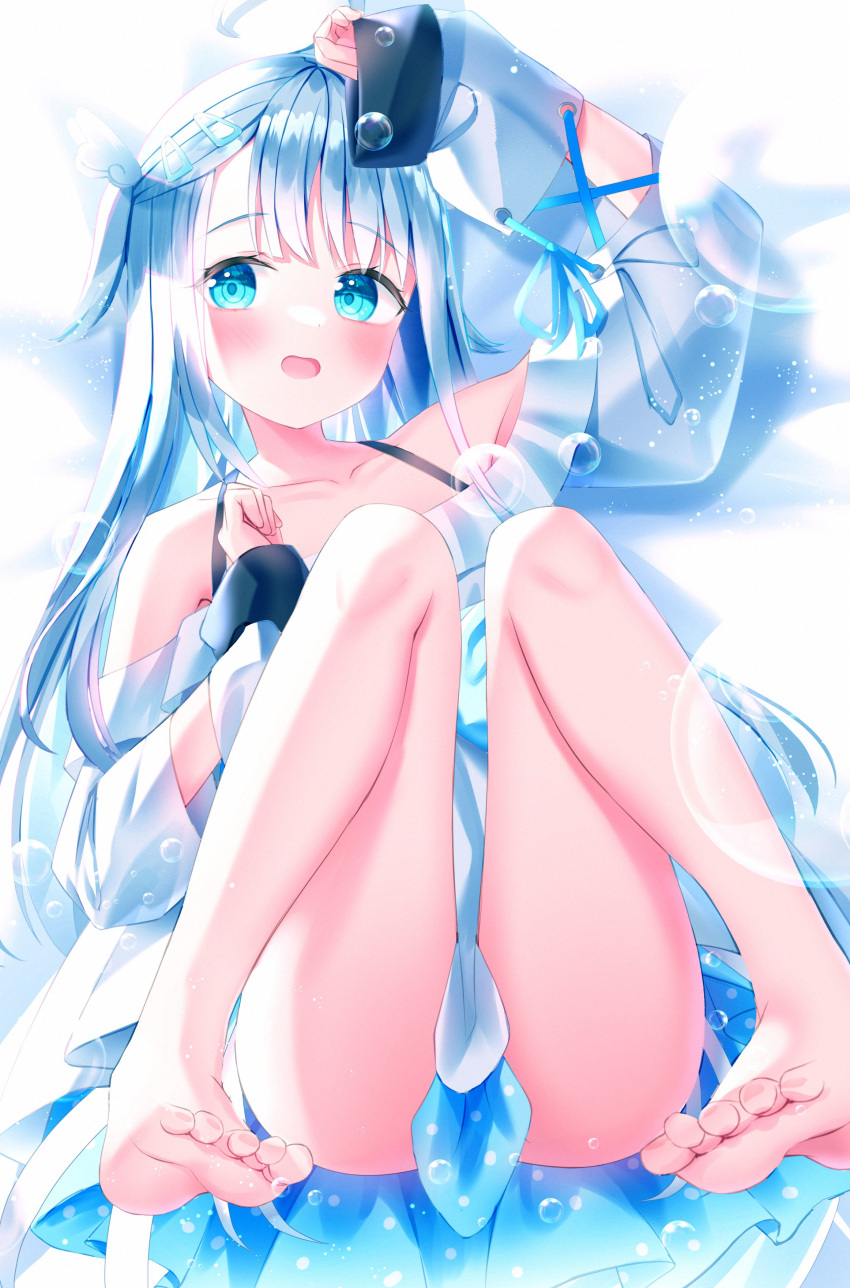 1girl absurdres ahoge amatsuka_uto anzu_yotsuba bangs blue_eyes blue_ribbon blue_skirt blush bubble clenched_hands collarbone dress eyebrows_visible_through_hair feet frills highres indie_virtual_youtuber layered_clothing layered_dress light_blue_hair long_hair off_shoulder open_mouth ribbon shoulder_strap skirt two_side_up virtual_youtuber white_dress