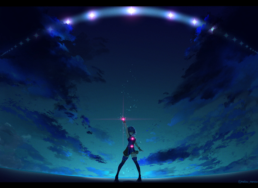 1girl arm_up blue_eyes blue_hair ciel_(tsukihime) clouds dress glowing highres huge_filesize looking_at_viewer melow_menow night short_dress short_hair sleeveless sleeveless_dress solo spread_legs standing thigh-highs tsukihime twitter_username type-moon