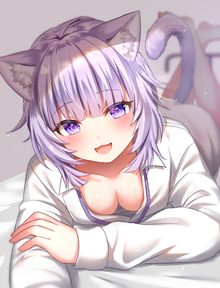 1girl :3 :d absurdres animal_ear_fluff animal_ears blush cat_ears cat_girl cat_tail eyebrows_visible_through_hair highres hololive long_sleeves looking_at_viewer lying naked_shirt nekomata_okayu on_stomach open_mouth purple_hair selfie shirt short_hair smile solo tail the_pose umishima_rinta violet_eyes virtual_youtuber white_shirt