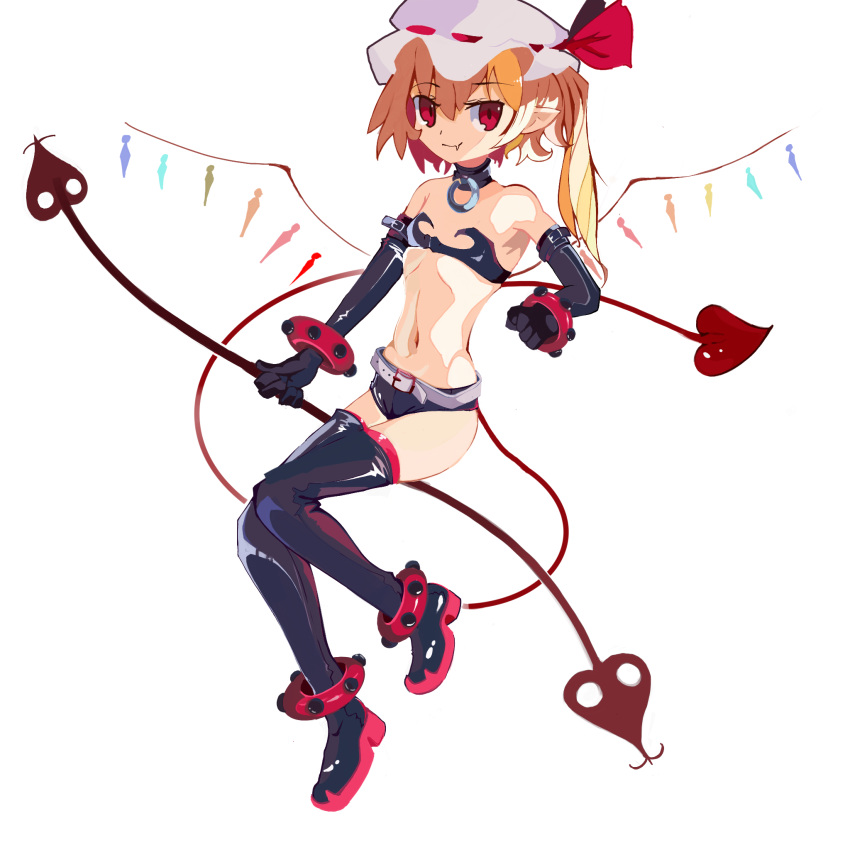 1girl bare_shoulders black_legwear blonde_hair boots choker cosplay disgaea elbow_gloves etna etna_(cosplay) flandre_scarlet flat_chest full_body gloves hat highres laevatein_(touhou) legs_apart looking_at_viewer makai_senki_disgaea midriff mob_cap navel one_side_up pointy_ears red_eyes short_shorts shorts simple_background solo standing sum_re1 thigh-highs thigh_boots thighhighs_under_boots touhou white_background wings